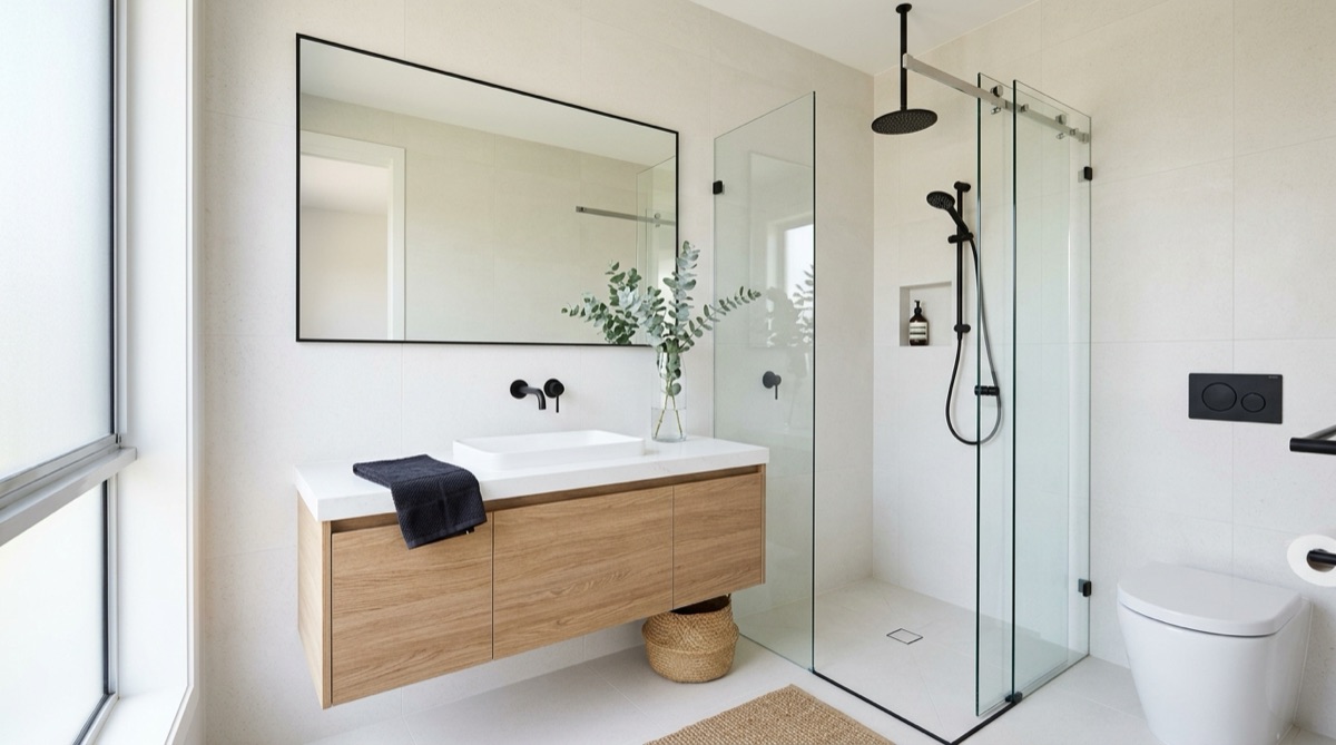 Recently finished contemporary bathroom with matte black tapware