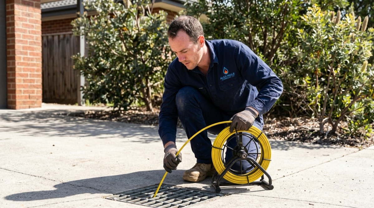Alex feeding a drain camera into a residential stormwater grate