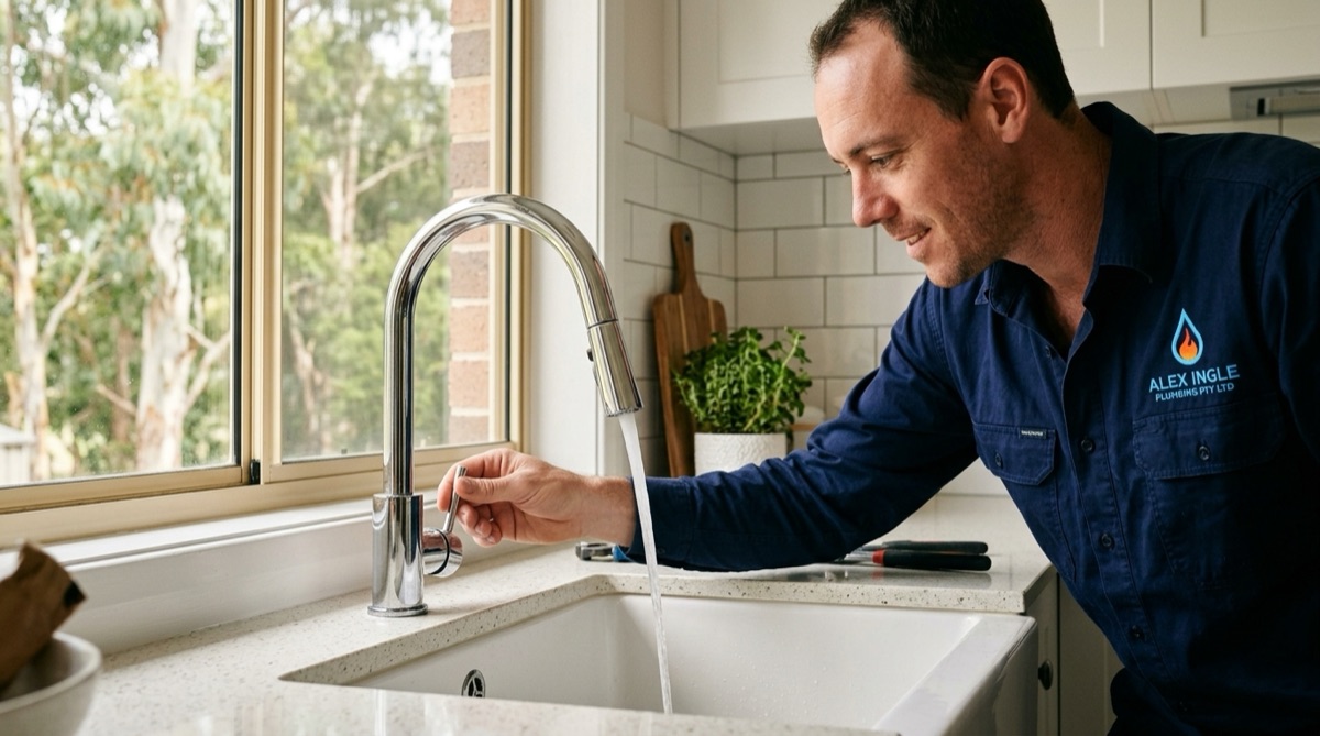 Alex tightening a chrome mixer tap in a Hills District kitchen